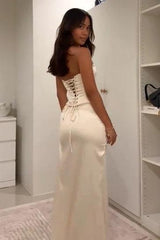 Stylish Sheath Strapless White Corset Prom Dress With Split Front Formal Evening Gown