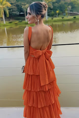 Dressystars Sunset Orange Backless Tiered Ruffle Prom Dress With Oversized Bow Formal Evening Gown