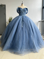Sweet 16 Ball Gown Off Shoulder Sleeveless Pleated Beaded Appliques Lace Up Glitter Navy Tulle Quinceanera Dress Birthday Party Dress Formal Evening Dress
