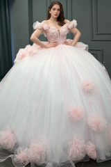 Sweet Ball Gown Off Shoulder Sleeveless Pleated Beaded Flowers Glitter Baby Pink Tulle Quinceanera Dress Forml Evening Dress Birthday Party Dress For Sweet 16