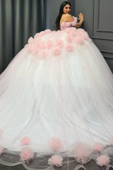 Sweet Ball Gown Off Shoulder Sleeveless Pleated Beaded Flowers Glitter Baby Pink Tulle Quinceanera Dress Forml Evening Dress Birthday Party Dress For Sweet 16