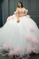 Sweet Ball Gown Off Shoulder Sleeveless Pleated Beaded Flowers Glitter Baby Pink Tulle Quinceanera Dress Forml Evening Dress Birthday Party Dress For Sweet 16