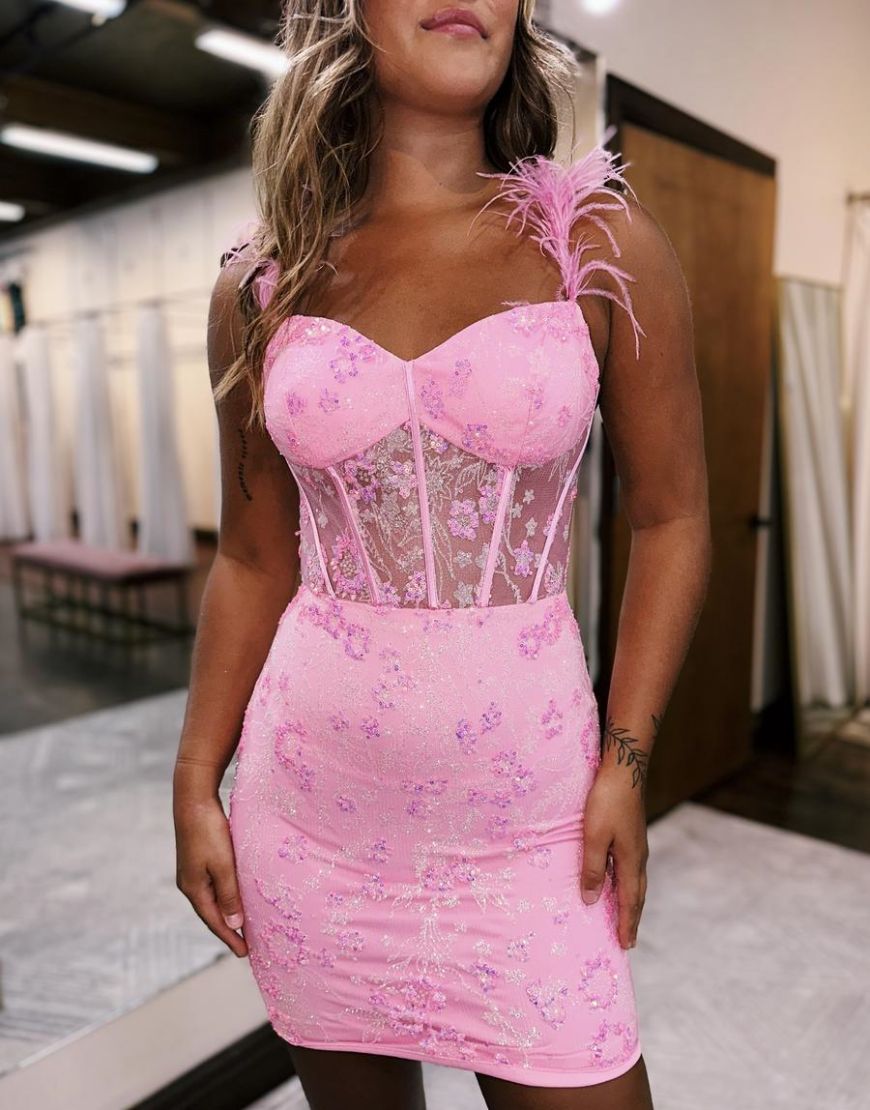 Sweet Homecoming Dress Bodycon Lace Up Bodycon With Feather Straps Short Party Cocktail Dress