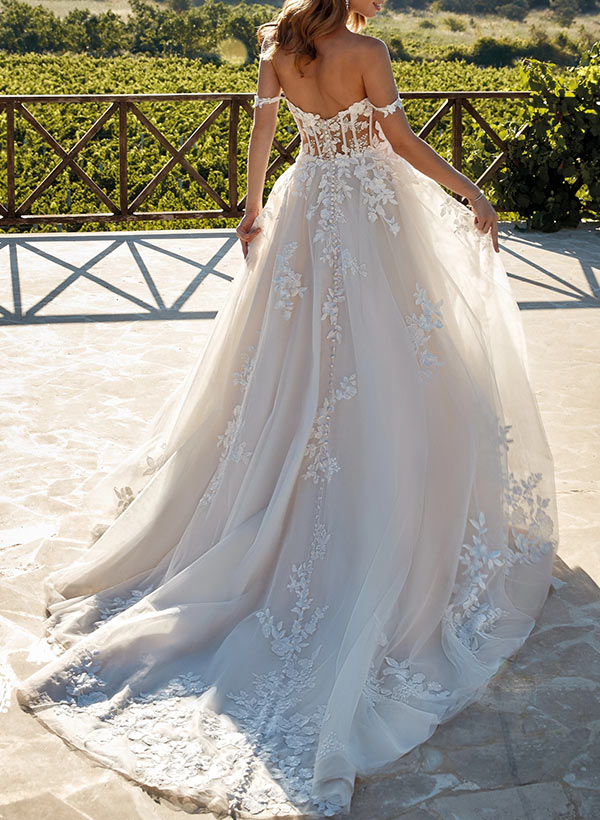 Sweetheart A Line Lace Wedding Dress with Sweep Train