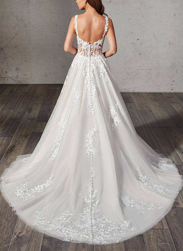 Sweetheart A Line Lace Wedding Dress with Sweep Train