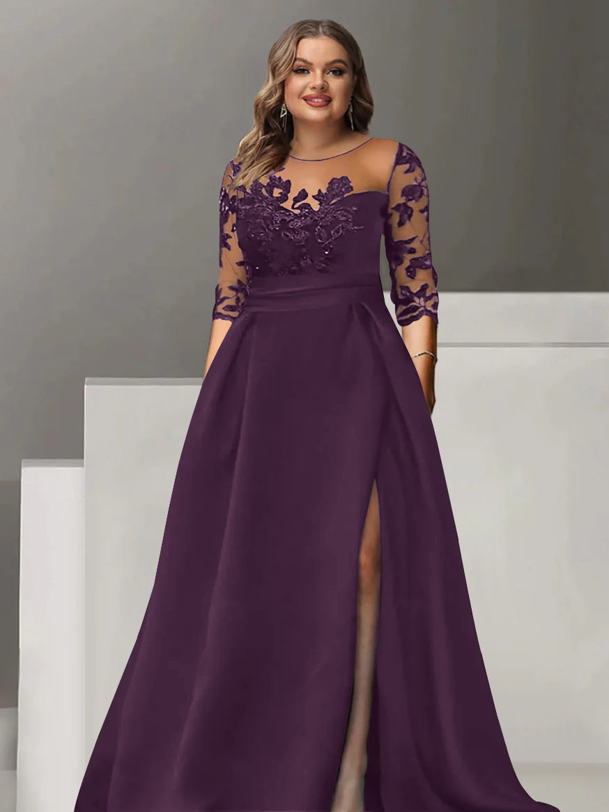 Sweetheart A-Line Princess Floor-Length Plus Size Mother of The Bride Dress with 3/4 Sleeves Lace & Side Split Sweetheart A-Line Princess Floor-Length Plus Size Mother of The Bride Dress with 3/4 Sleeves Lace & Side Split