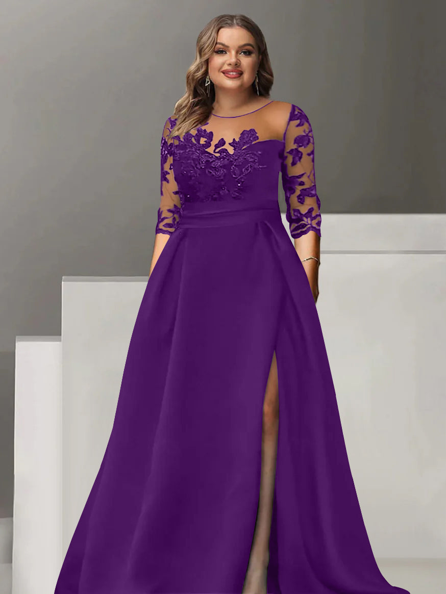 Sweetheart A-Line Princess Floor-Length Plus Size Mother of The Bride Dress with 3/4 Sleeves Lace & Side Split