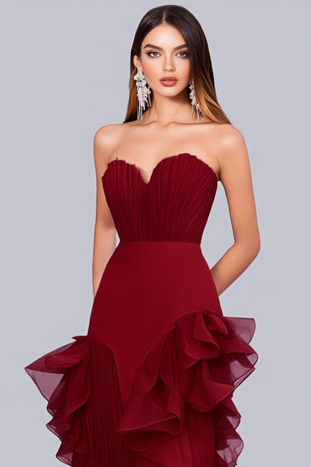 Sweetheart Burgundy Wedding Guest Dress Ruffled Sheath Formal Dress With Ruffles