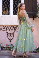 Sweetheart Collar Prom Dress Embroidery Tea Length Tulle Puff SleevFloral Corset Evening Dress