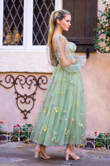 Sweetheart Collar Prom Dress Embroidery Tea Length Tulle Puff SleevFloral Corset Evening Dress