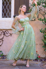 Sweetheart Collar Prom Dress Embroidery Tea Length Tulle Puff SleevFloral Corset Evening Dress