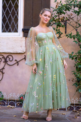 Sweetheart Collar Prom Dress Embroidery Tea Length Tulle Puff SleevFloral Corset Evening Dress