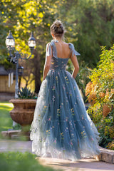 Sweetheart Collar Prom Dress Floor Length Tulle Embroidery Floral Evening Dress