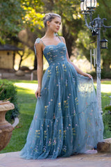 Sweetheart Collar Prom Dress Floor Length Tulle Embroidery Floral Evening Dress