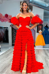 Sweetheart Collar Red Prom Dress Tiered Tulle Evening Dress