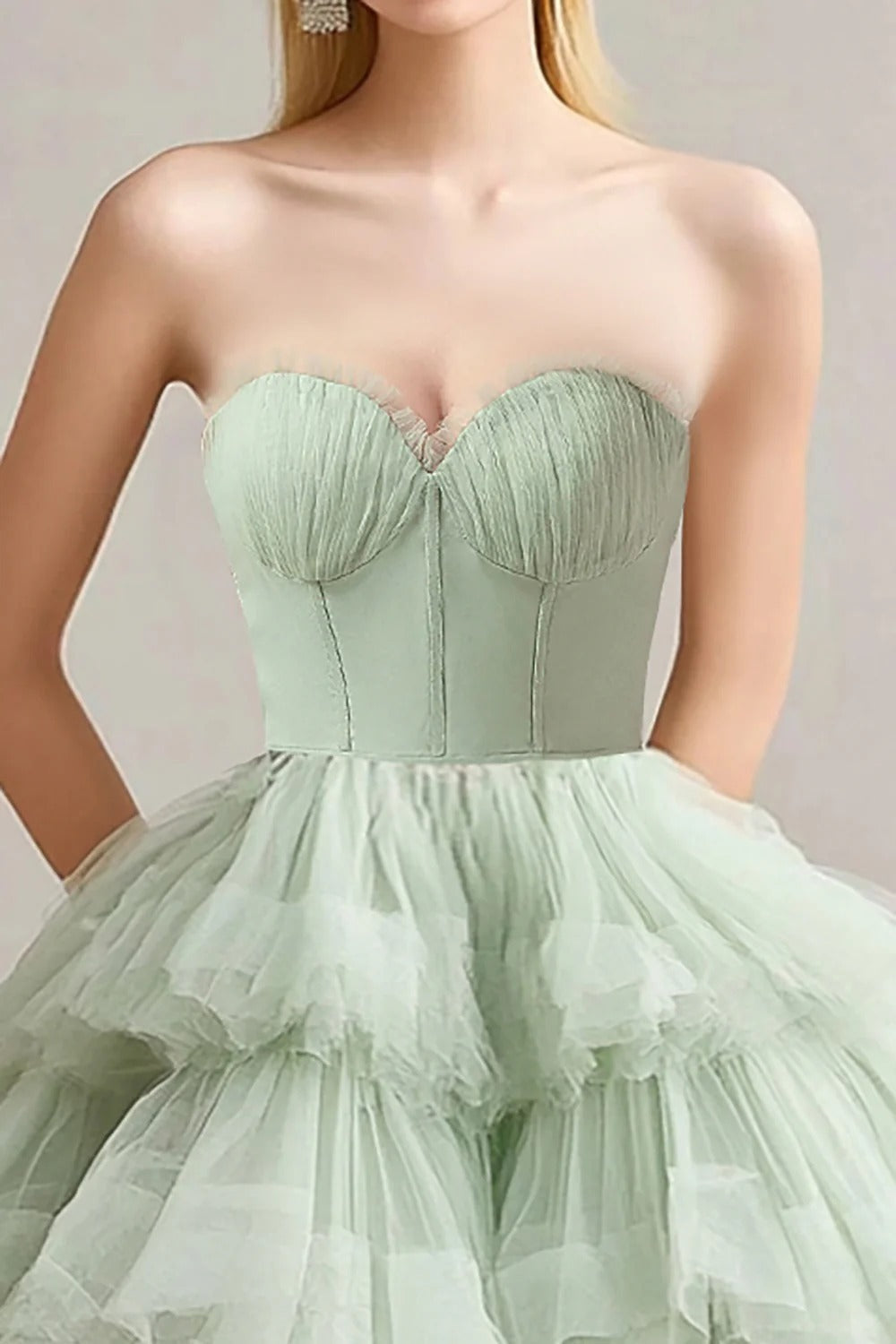 Sweetheart Corset A Line Sage Wedding Guest Dress Tulle Tiered Long Prom Dress With Ruffles