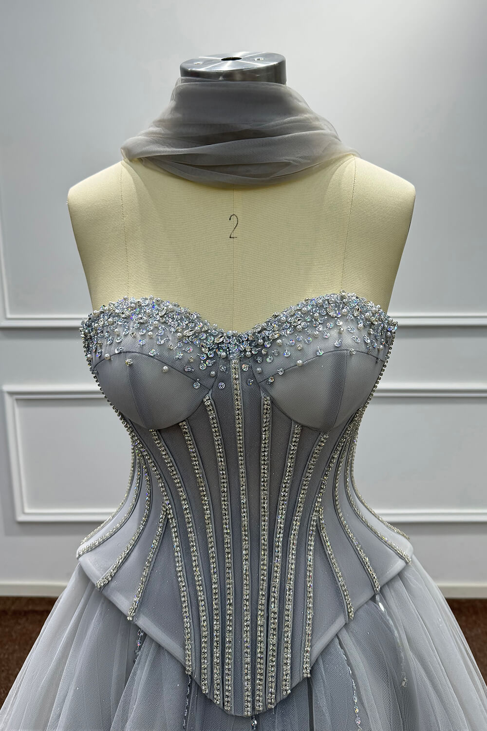 Sweetheart Corset Dress A Line Grey Tulle Prom Dress with Beadings and Rhinestones