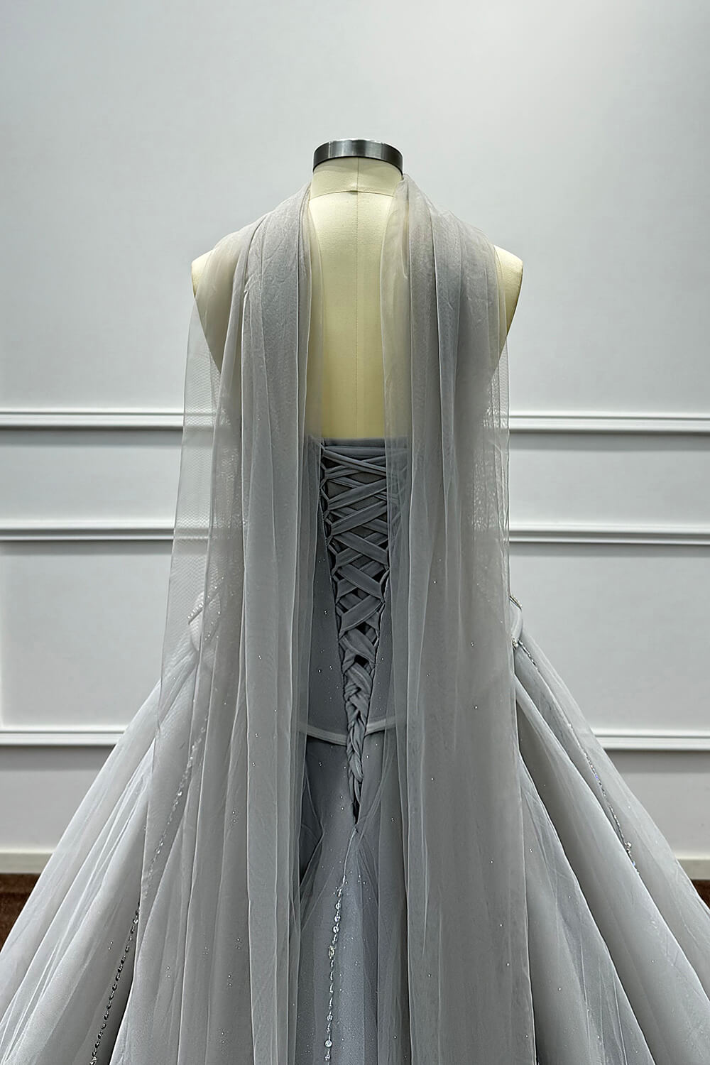Sweetheart Corset Dress A Line Grey Tulle Prom Dress with Beadings and Rhinestones