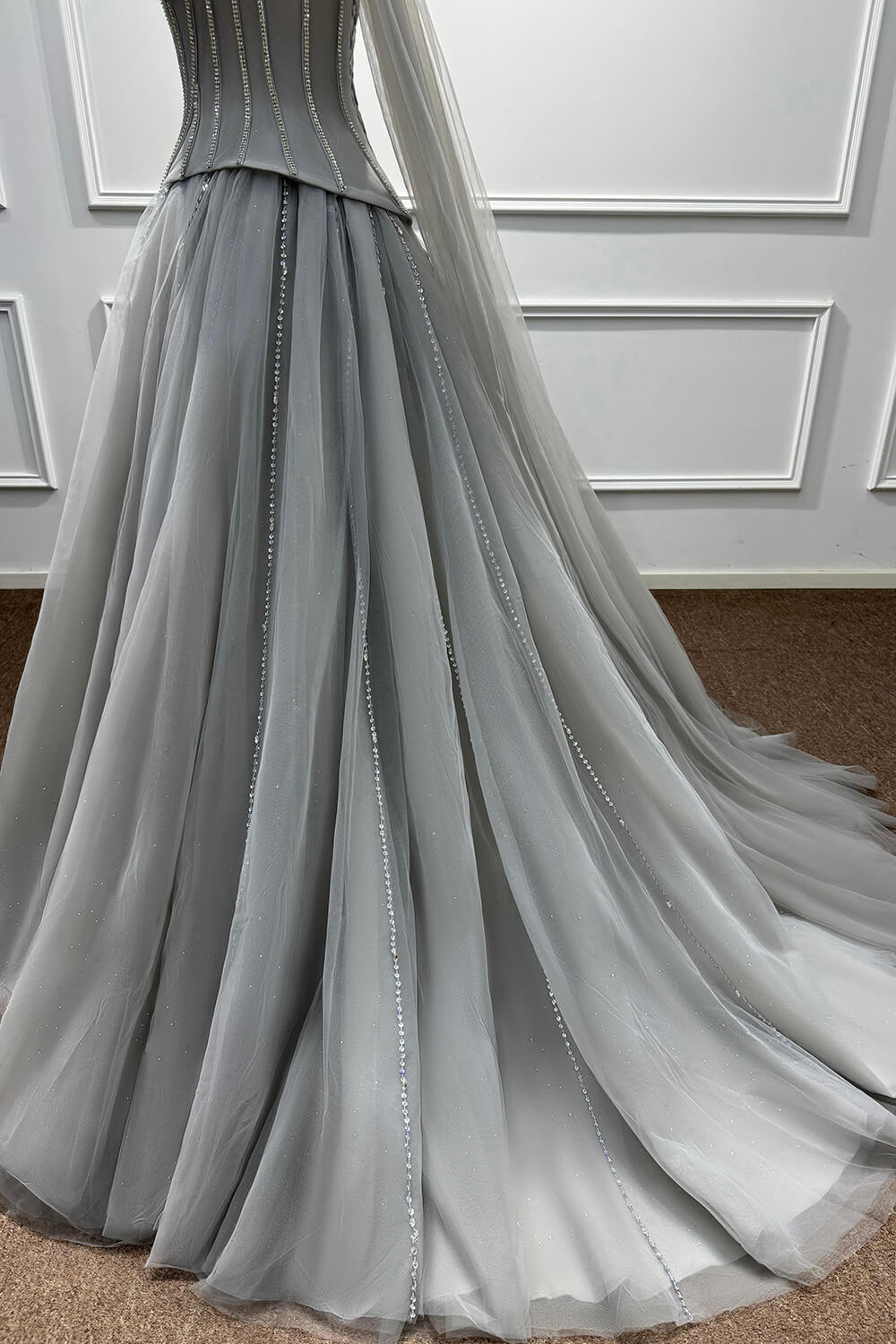 Sweetheart Corset Dress A Line Grey Tulle Prom Dress with Beadings and Rhinestones