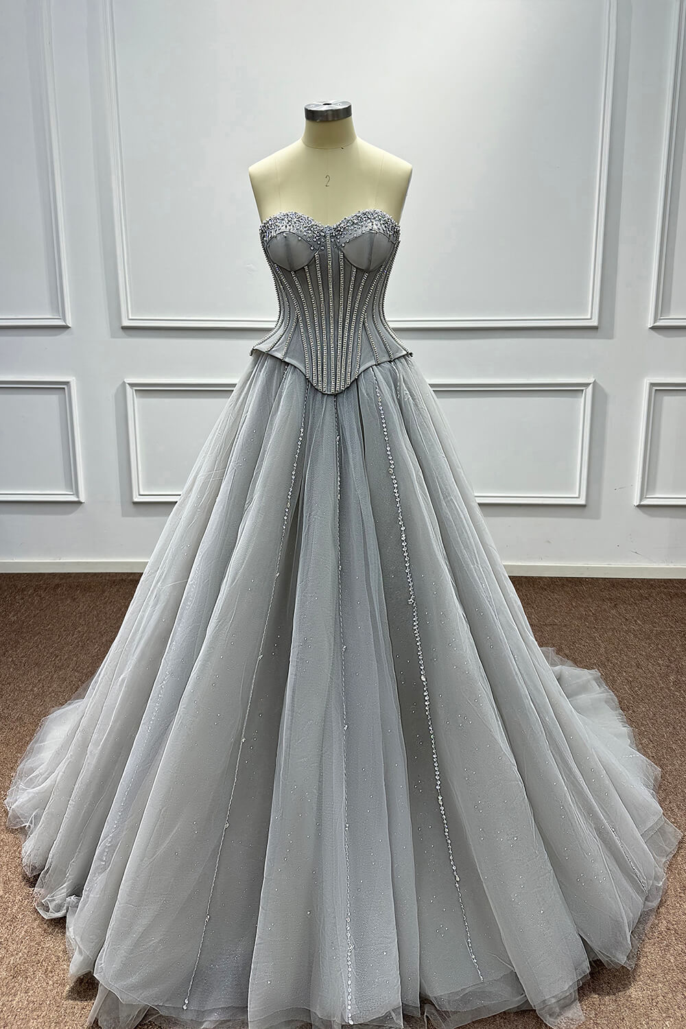 Sweetheart Corset Dress A Line Grey Tulle Prom Dress with Beadings and Rhinestones