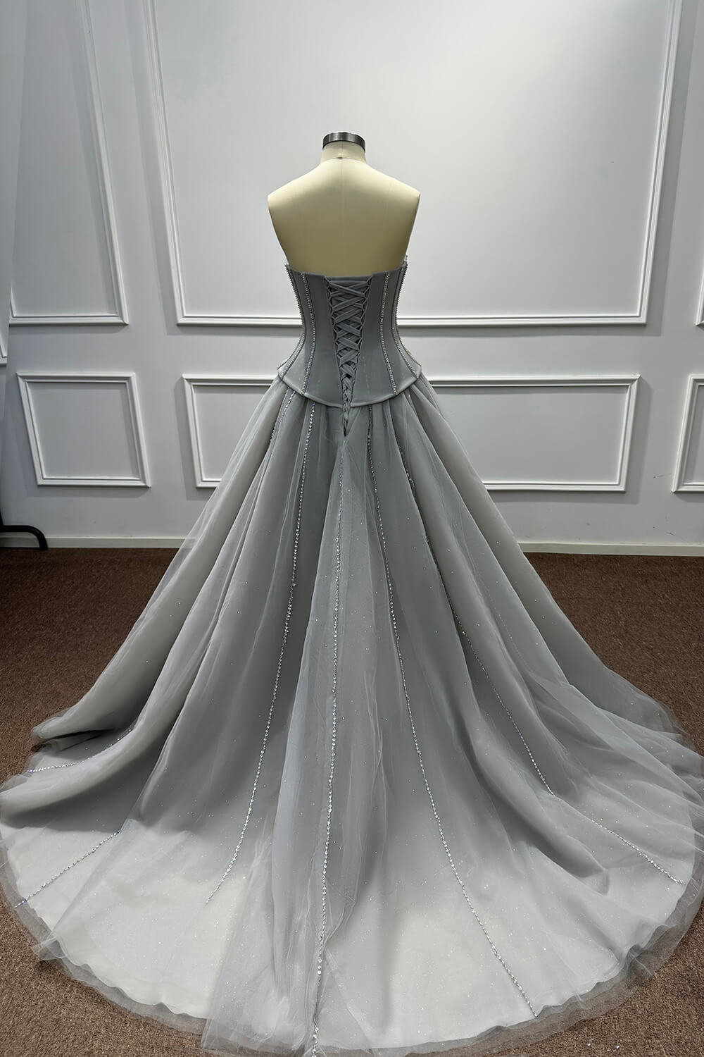 Sweetheart Corset Dress A Line Grey Tulle Prom Dress with Beadings and Rhinestones