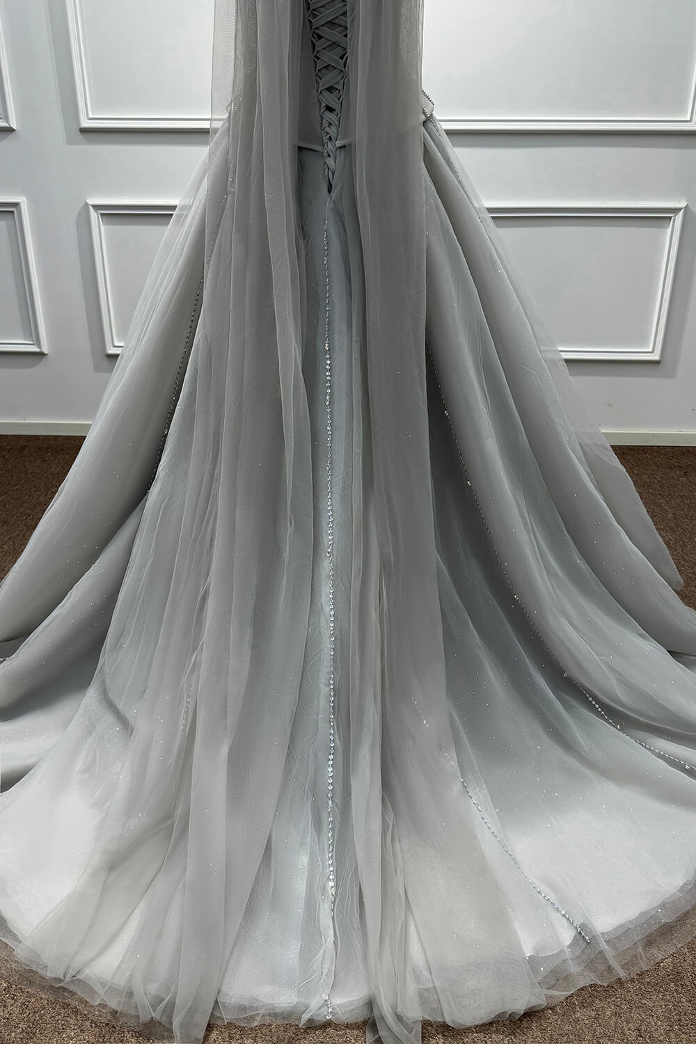 Sweetheart Corset Dress A Line Grey Tulle Prom Dress with Beadings and Rhinestones