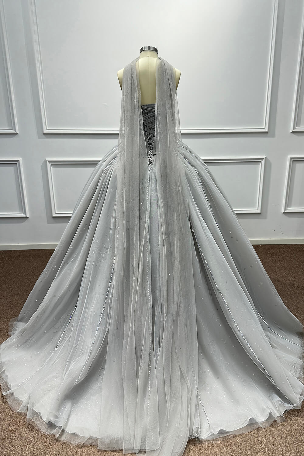 Sweetheart Corset Dress A Line Grey Tulle Prom Dress with Beadings and Rhinestones