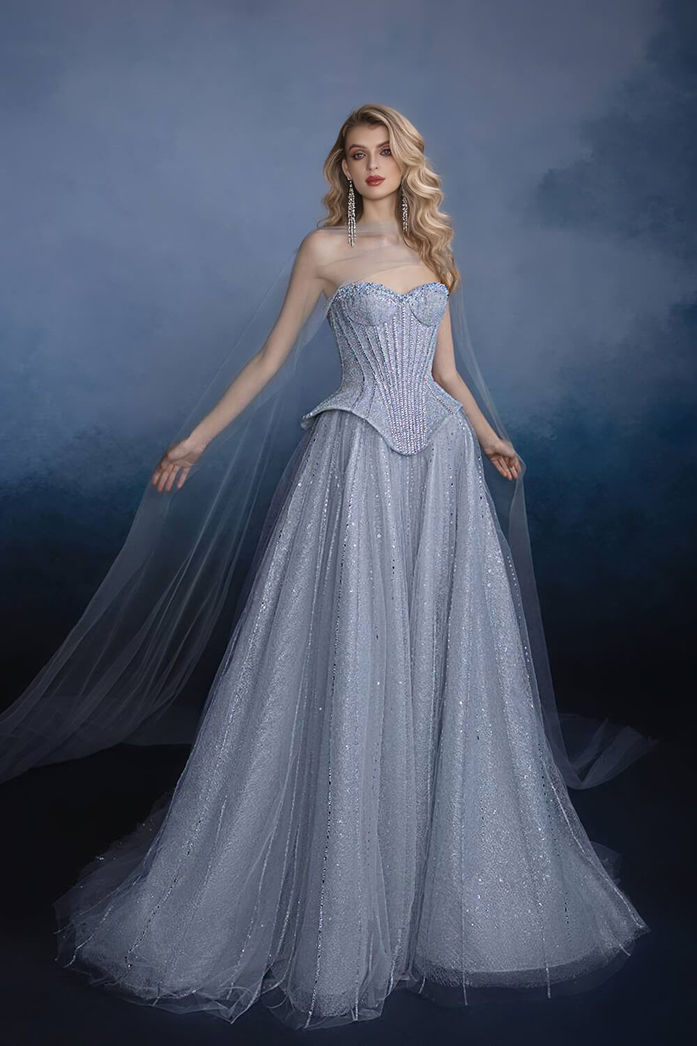 Sweetheart Corset Dress A Line Grey Tulle Prom Dress with Beadings and Rhinestones