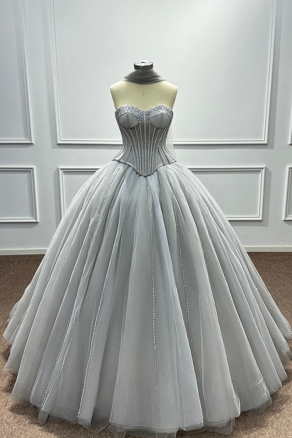 Sweetheart Corset Dress A Line Grey Tulle Prom Dress with Beadings and Rhinestones