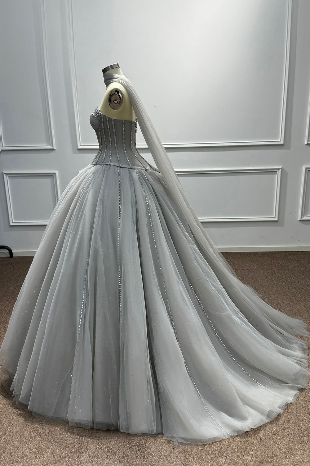 Sweetheart Corset Dress A Line Grey Tulle Prom Dress with Beadings and Rhinestones