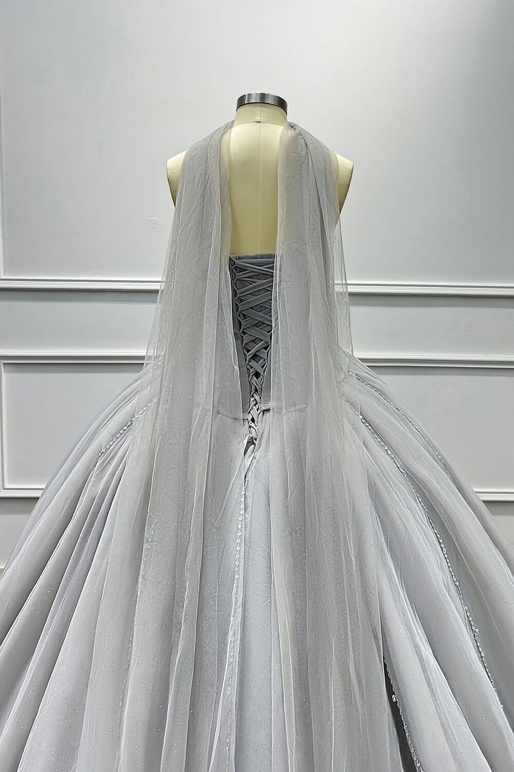 Sweetheart Corset Dress A Line Grey Tulle Prom Dress with Beadings and Rhinestones