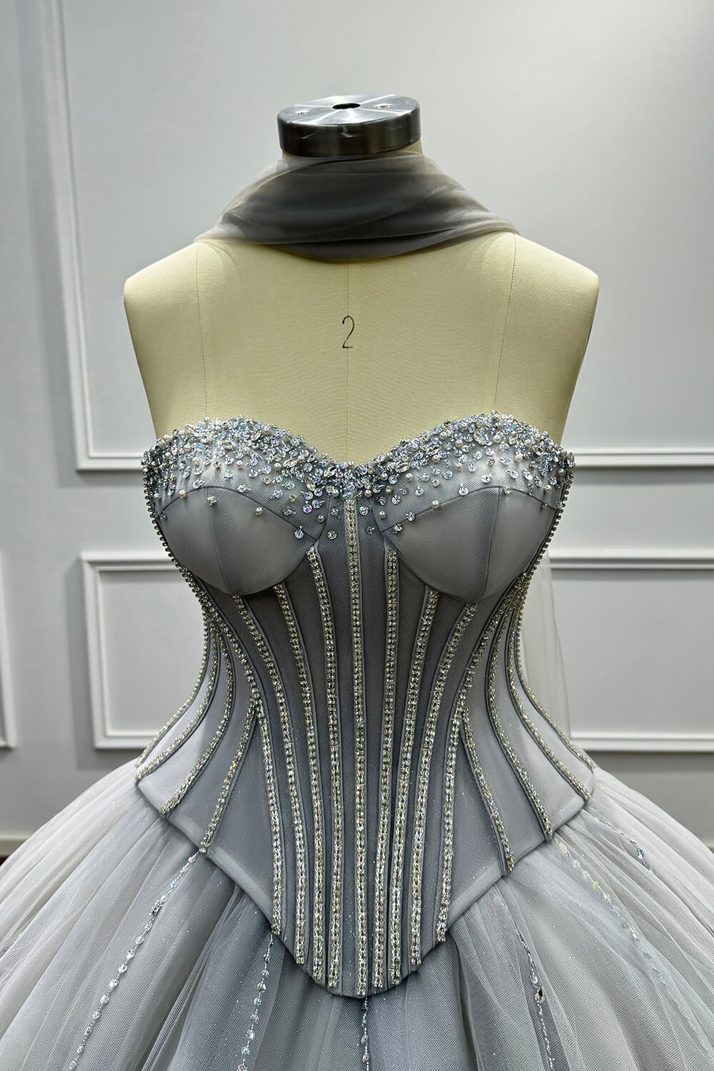 Sweetheart Corset Dress A Line Grey Tulle Prom Dress with Beadings and Rhinestones