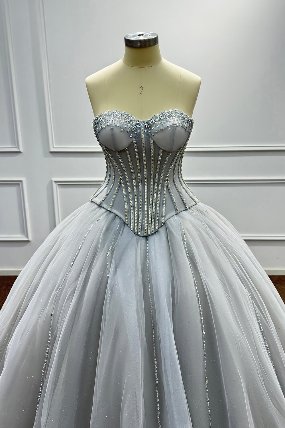 Sweetheart Corset Dress A Line Grey Tulle Prom Dress with Beadings and Rhinestones