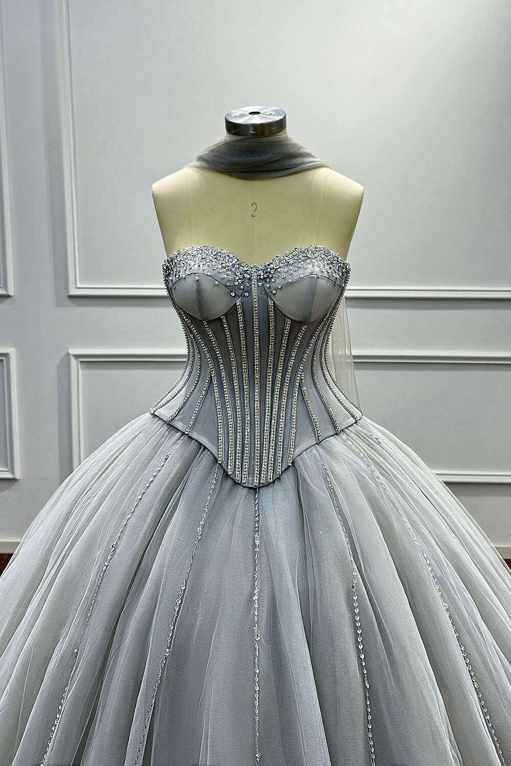 Sweetheart Corset Dress A Line Grey Tulle Prom Dress with Beadings and Rhinestones