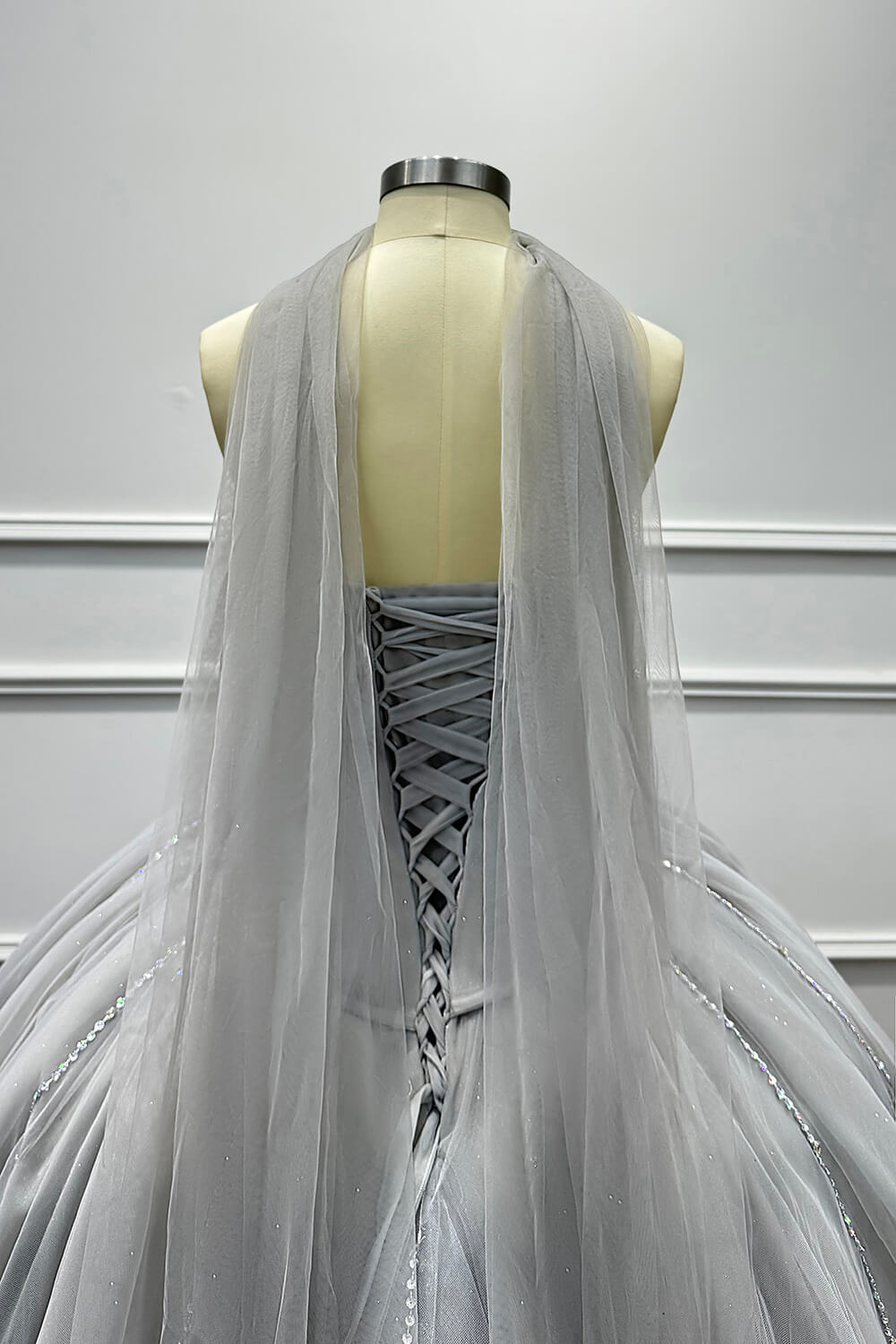 Sweetheart Corset Dress A Line Grey Tulle Prom Dress with Beadings and Rhinestones