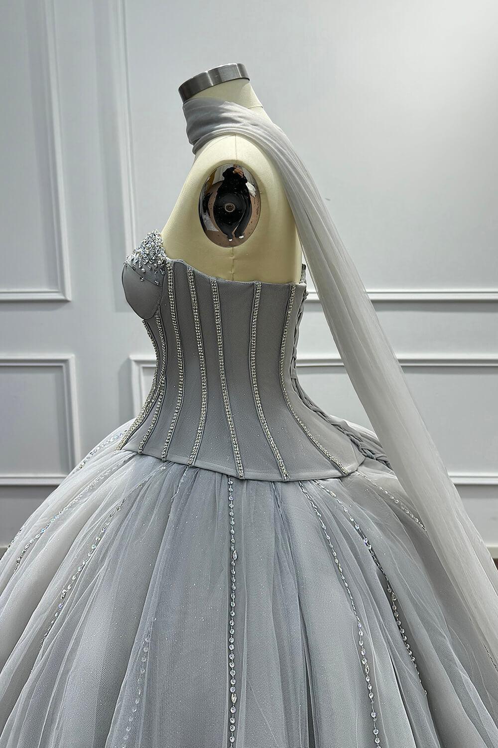 Sweetheart Corset Dress A Line Grey Tulle Prom Dress with Beadings and Rhinestones