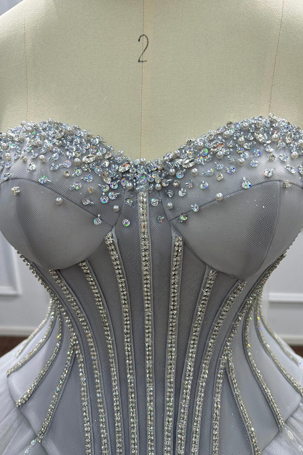 Sweetheart Corset Dress A Line Grey Tulle Prom Dress with Beadings and Rhinestones