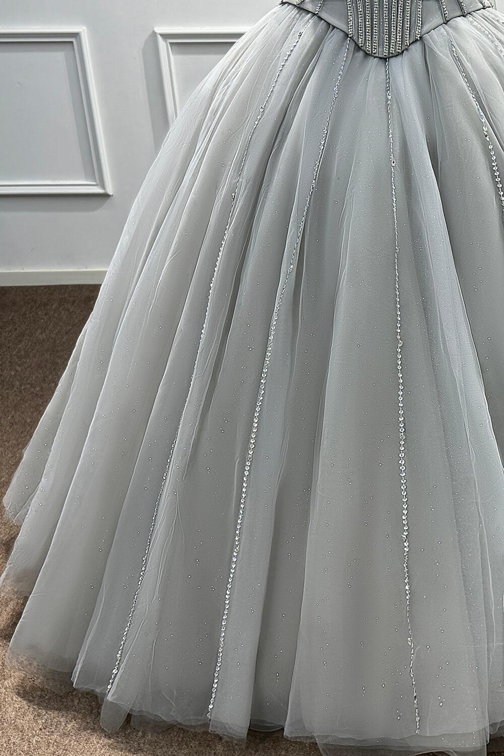 Sweetheart Corset Dress A Line Grey Tulle Prom Dress with Beadings and Rhinestones