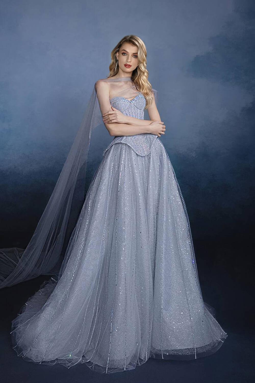 Sweetheart Corset Dress A Line Grey Tulle Prom Dress with Beadings and Rhinestones