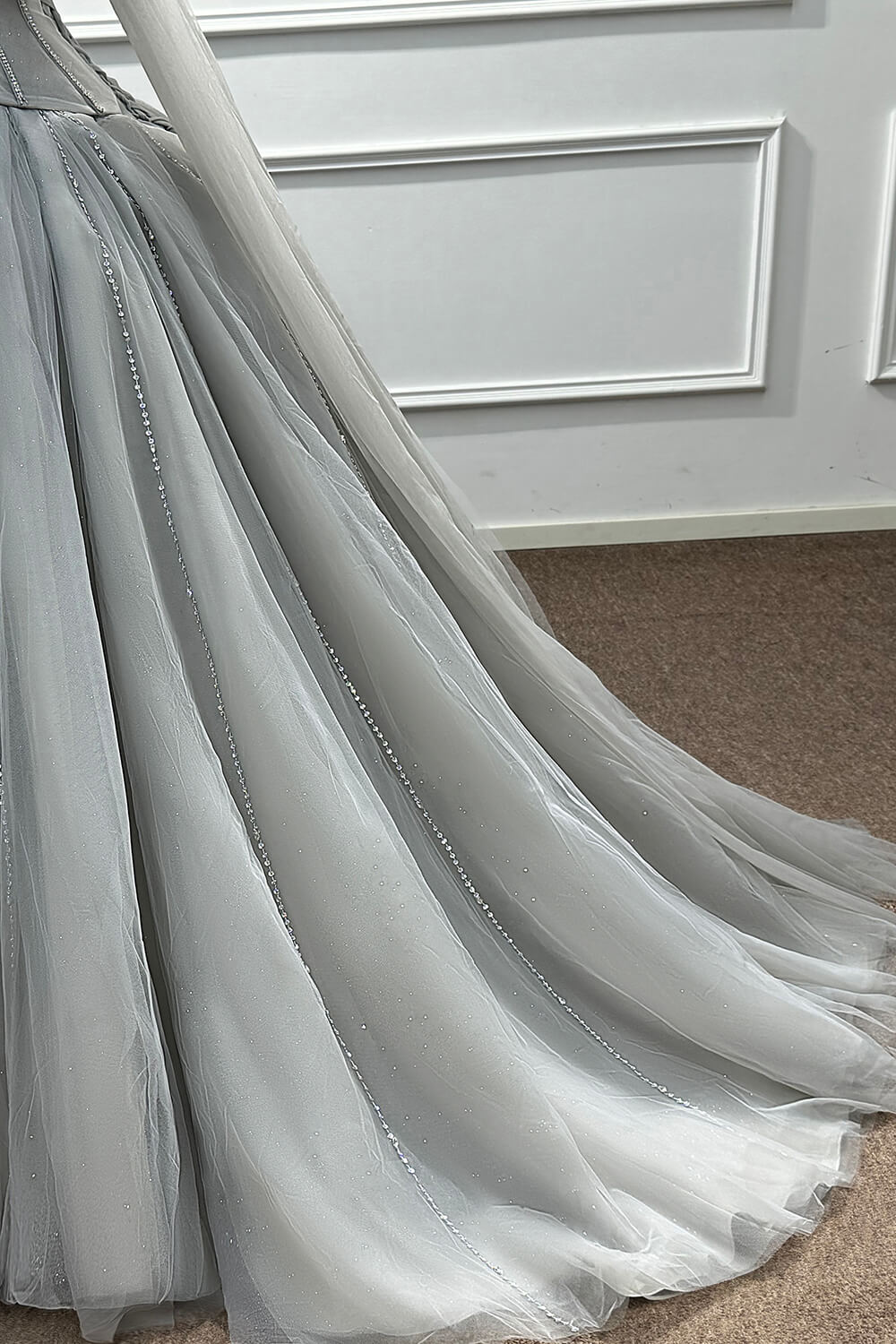 Sweetheart Corset Dress A Line Grey Tulle Prom Dress with Beadings and Rhinestones