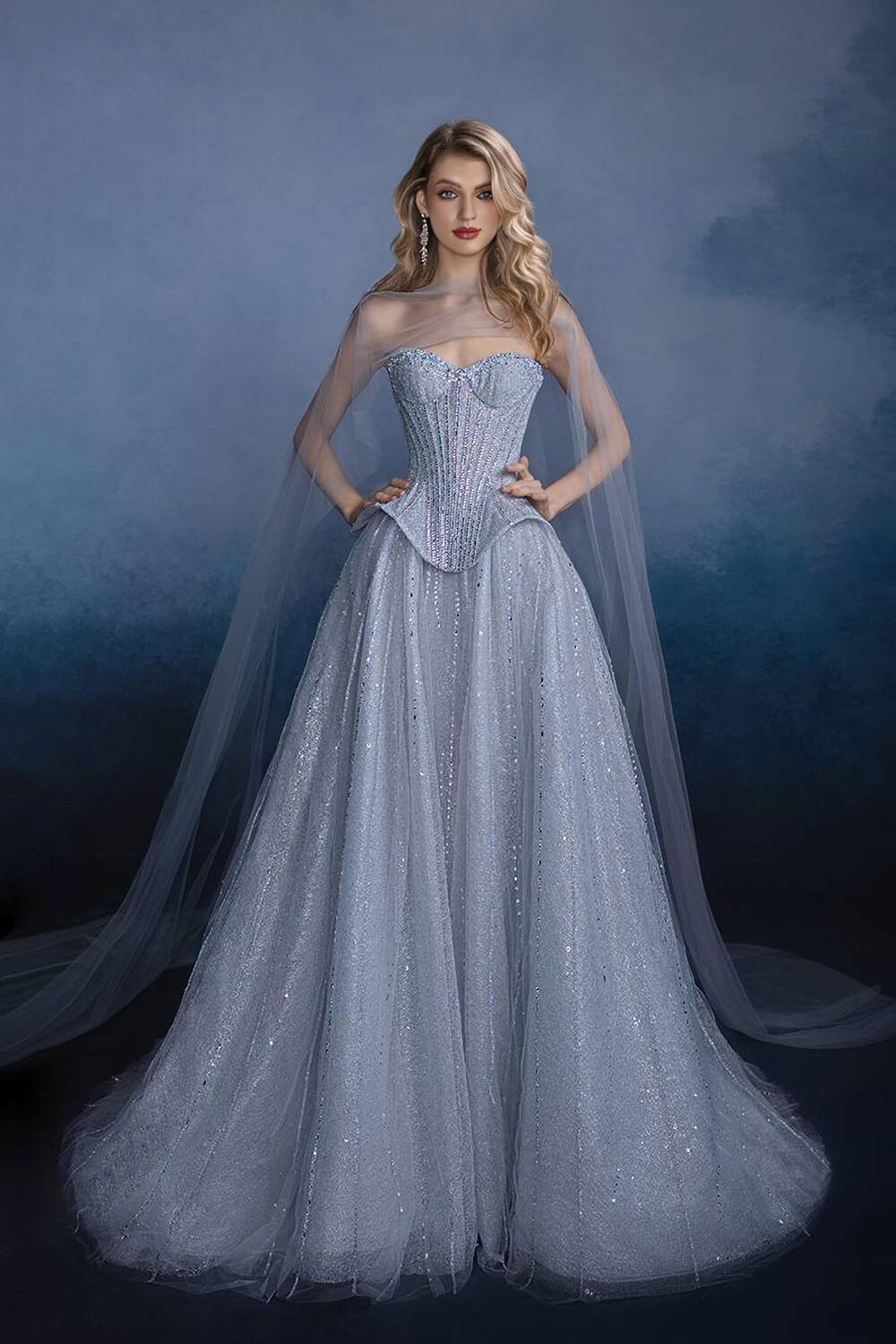 Sweetheart Corset Dress A Line Grey Tulle Prom Dress with Beadings and Rhinestones