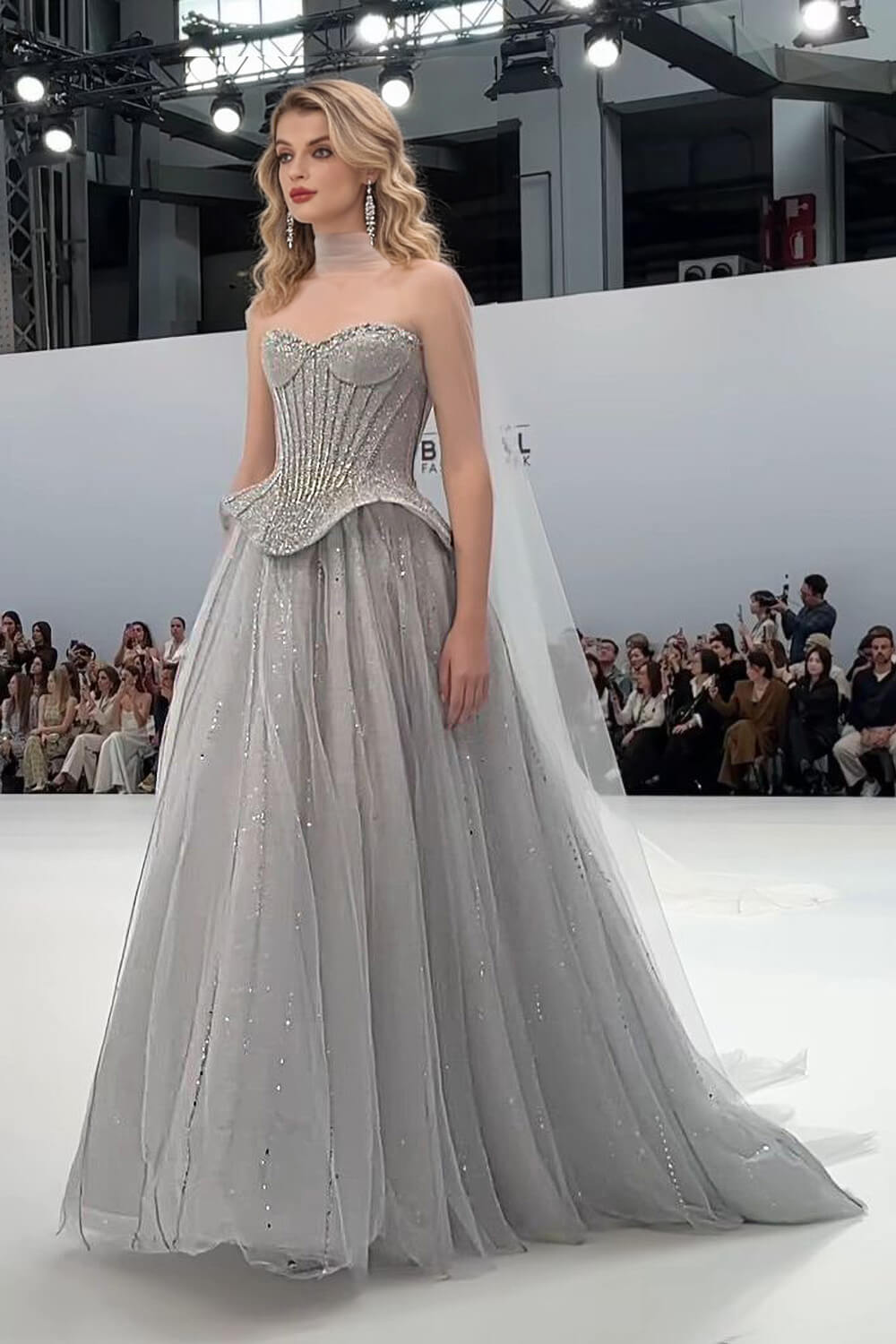 Sweetheart Corset Dress A Line Grey Tulle Prom Dress with Beadings and Rhinestones