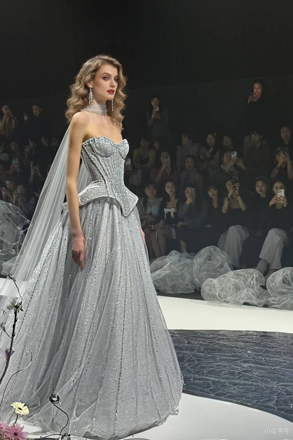 Sweetheart Corset Dress A Line Grey Tulle Prom Dress with Beadings and Rhinestones