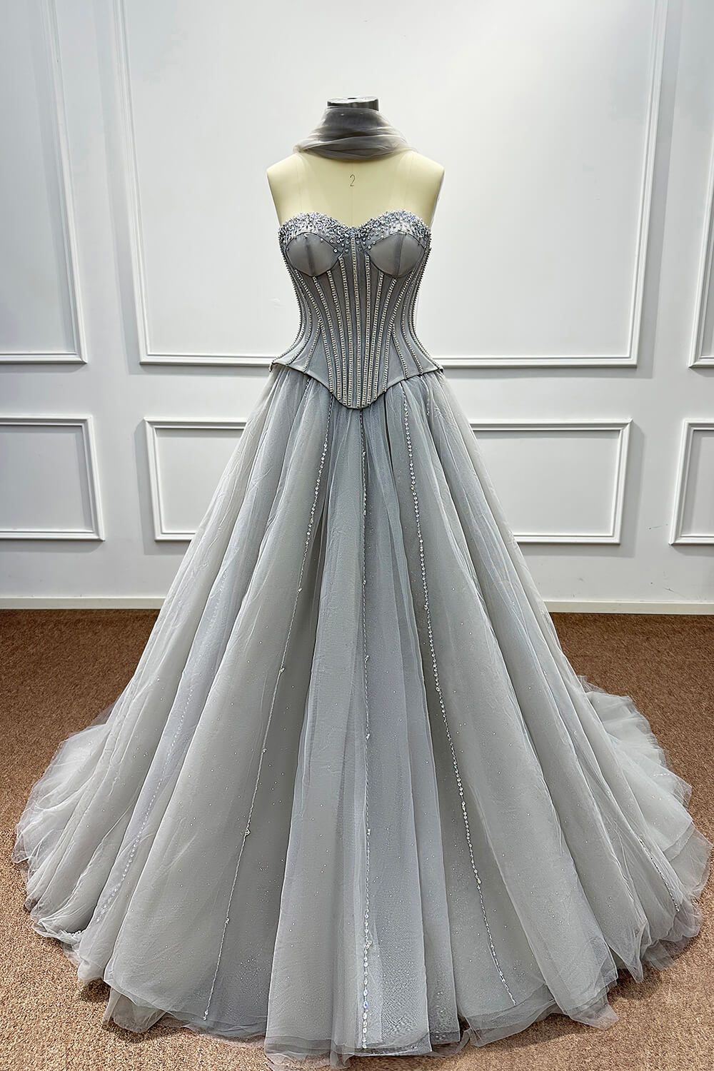 Sweetheart Corset Dress A Line Grey Tulle Prom Dress with Beadings and Rhinestones