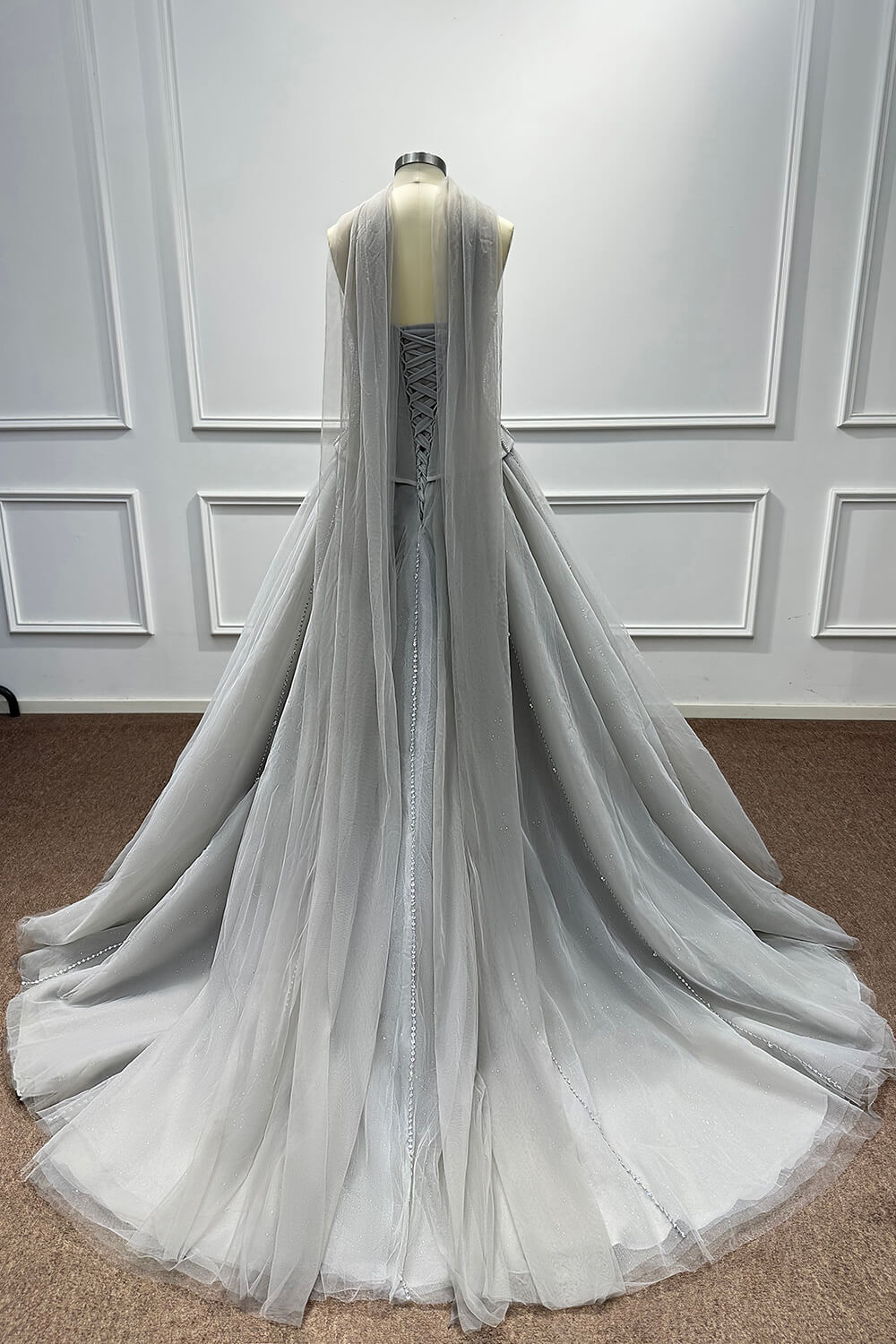Sweetheart Corset Dress A Line Grey Tulle Prom Dress with Beadings and Rhinestones