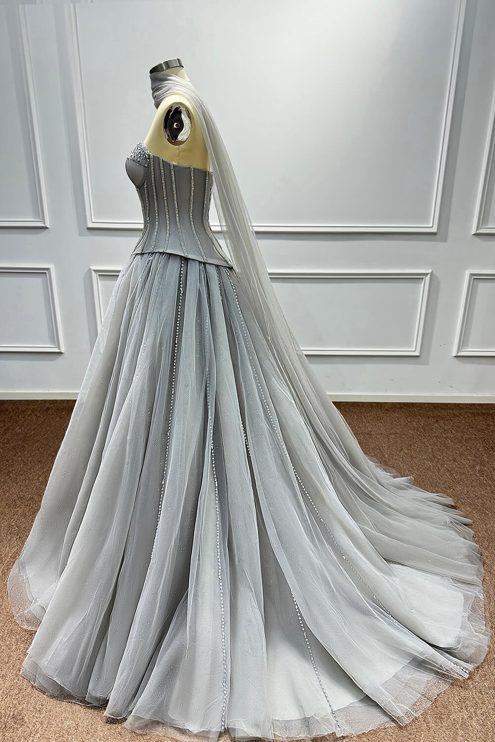 Sweetheart Corset Dress A Line Grey Tulle Prom Dress with Beadings and Rhinestones