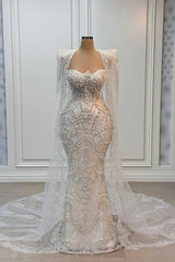 Sweetheart Ivory Mermaid Wedding Dress Beaded Floor Length Bridal Dress with Cape