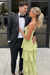 Dressystars Sweetheart Light Green Layered Ruffle Evening Dress With Slit Formal Evening Gown