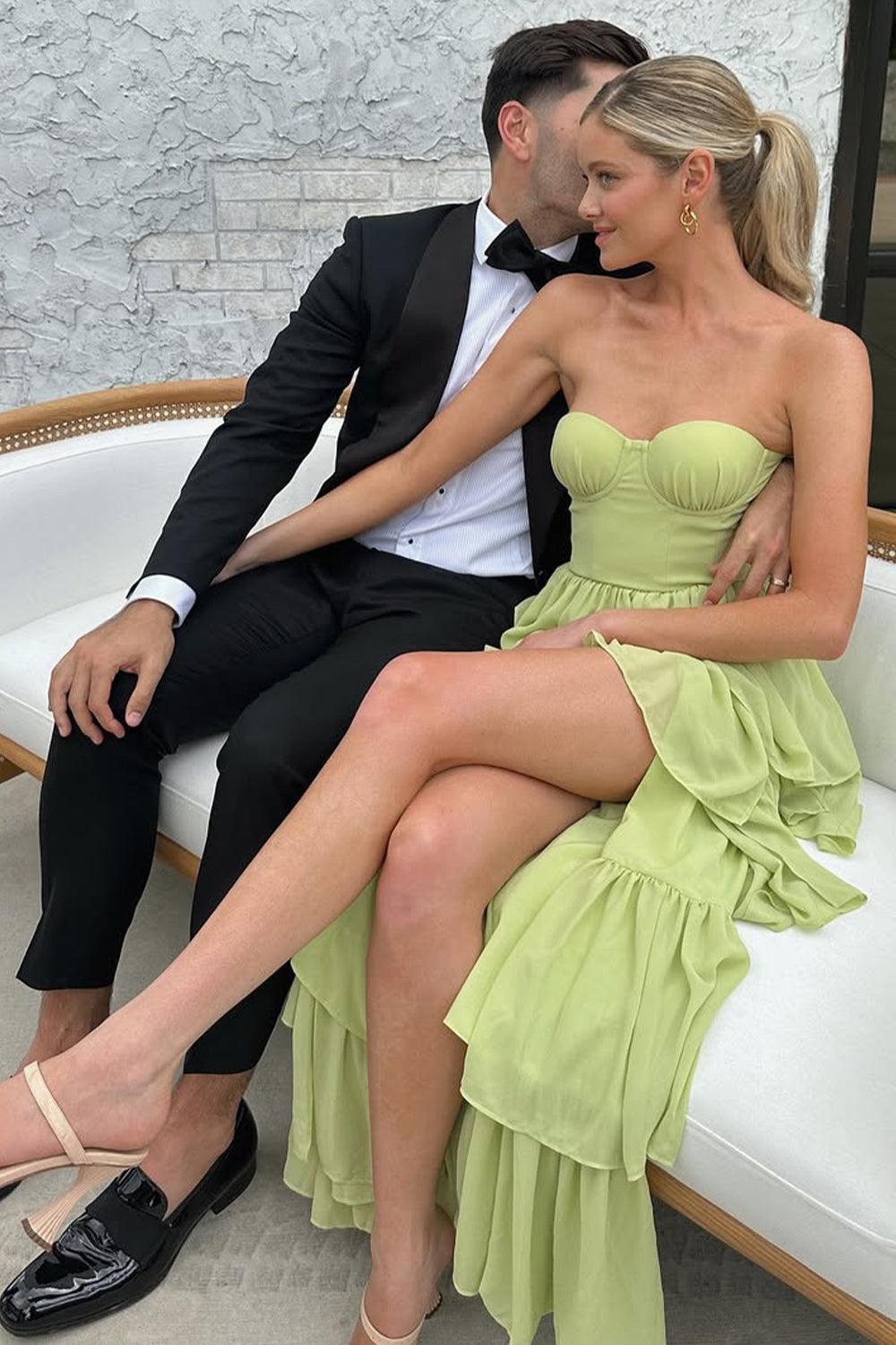 Dressystars Sweetheart Light Green Layered Ruffle Evening Dress With Slit Formal Evening Gown