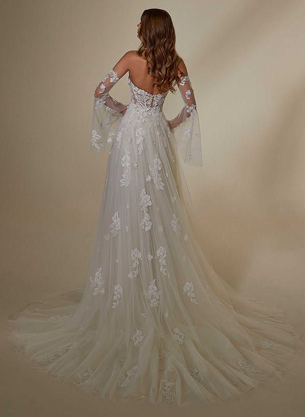 Sweetheart Long Sleeves Lace Wedding Dress With Detachable Train
